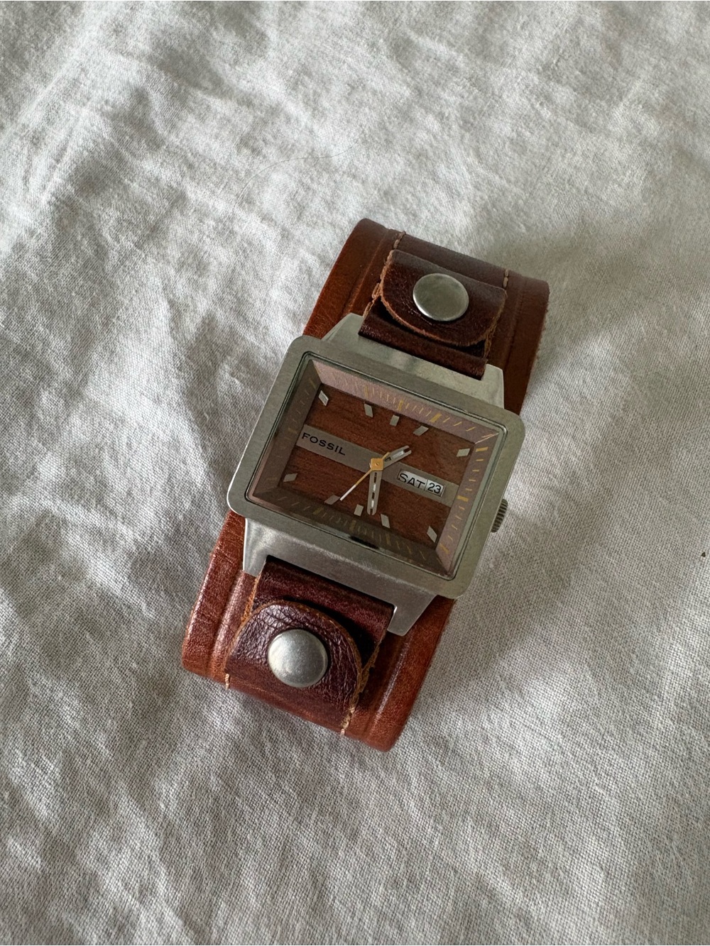 Fossil Brown Leather Cuff Square Watch